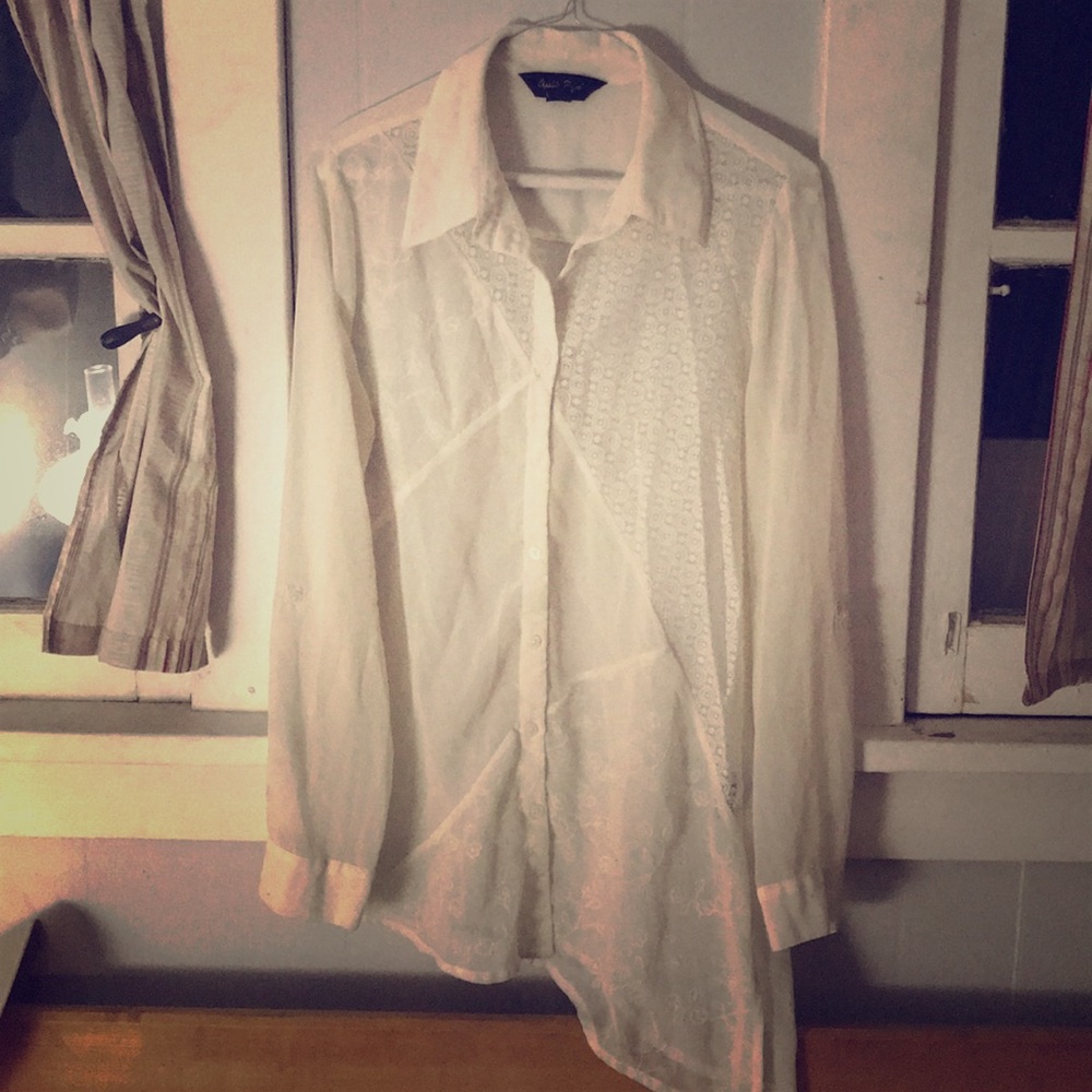Button up, asymmetrical tunic, sheer cream color